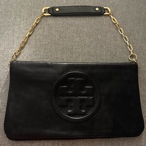 Tory Burch Black Leather Clutch with Gold Chain